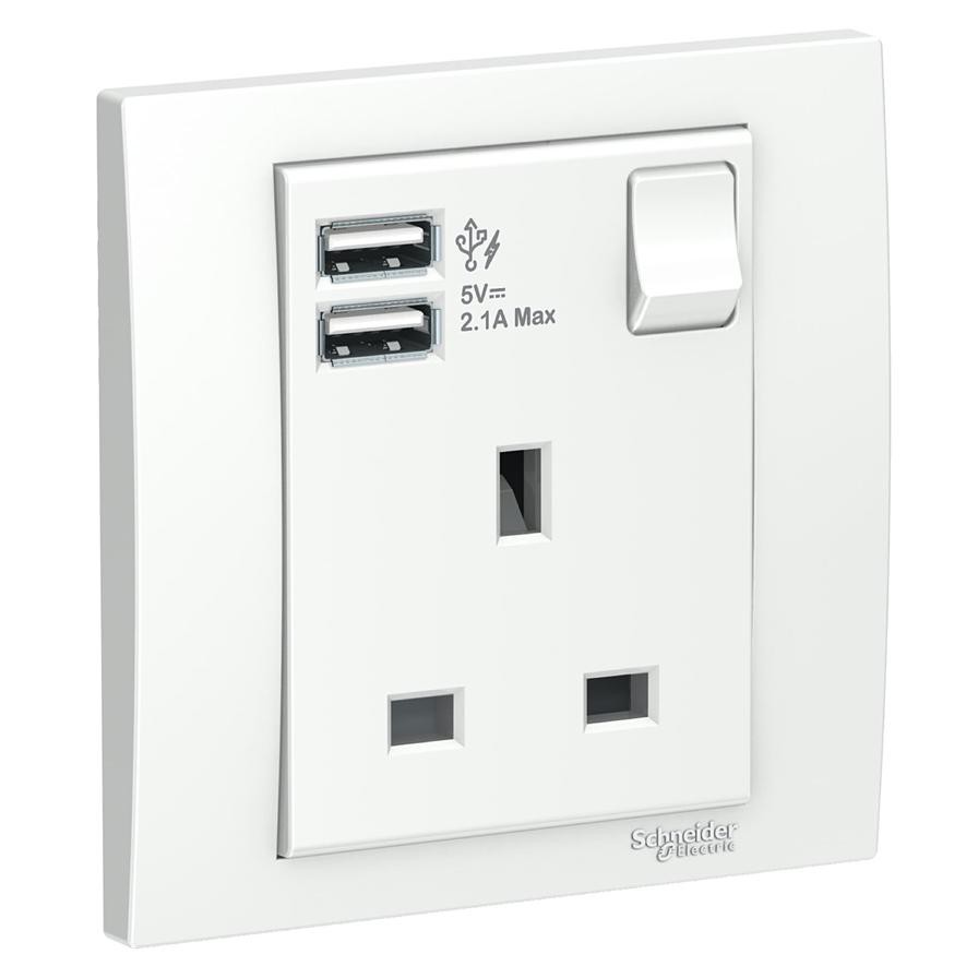 Schneider Electric Vivace 1 Gang Switched Sockets with 2 USB Chargers (8.7 x 8.7 x 4.19 cm)