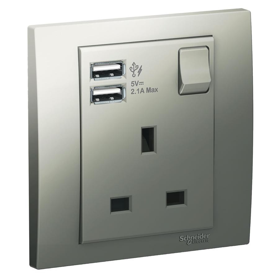 Schneider Electric Vivace 1 Gang Switched Sockets W/2 USB Chargers (8.7 x 8.7 x 4.19 cm)