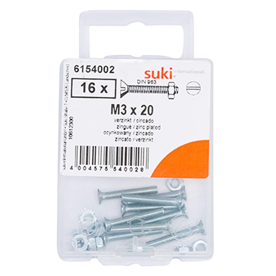 Suki 6154002 M3 Flat-Head Countersunk Machine Screws (20 mm, Pack of 16)