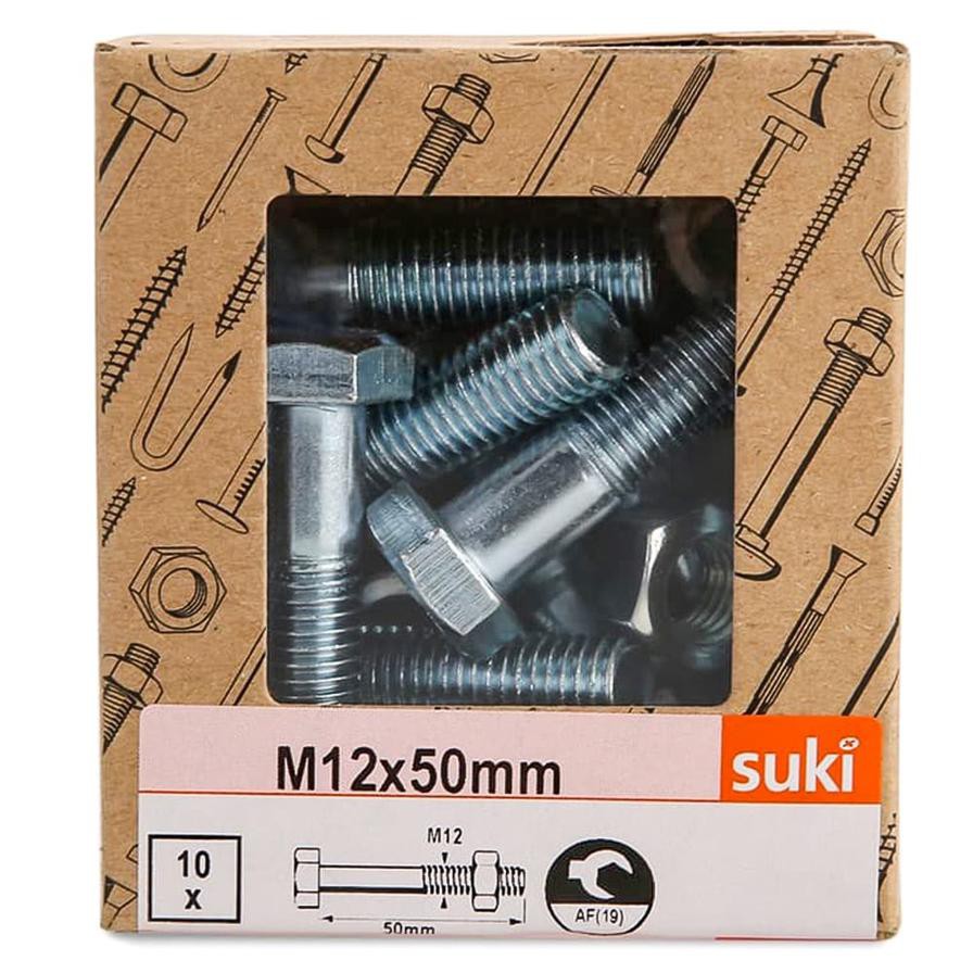 Suki Zinc-Plated Hex Screws (M12 x 50 mm, 10 pc.)