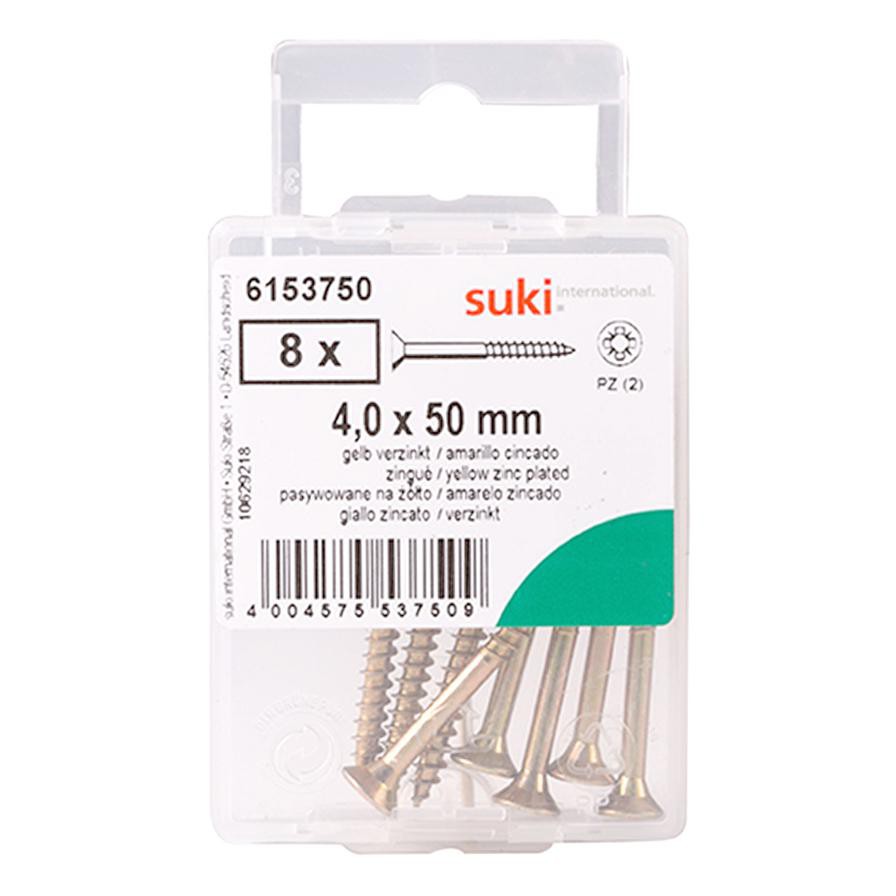 Suki Pozidriv Chipboard Screws (50 x 4 mm, Pack of 8, Yellow)