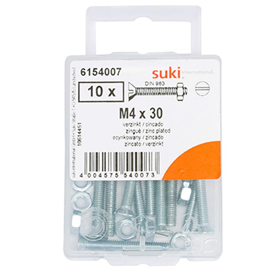 Suki Zinc-Plated Slotted Flat-Head Countersunk Machine Screws (M4 x 30 mm, Pack of 10)