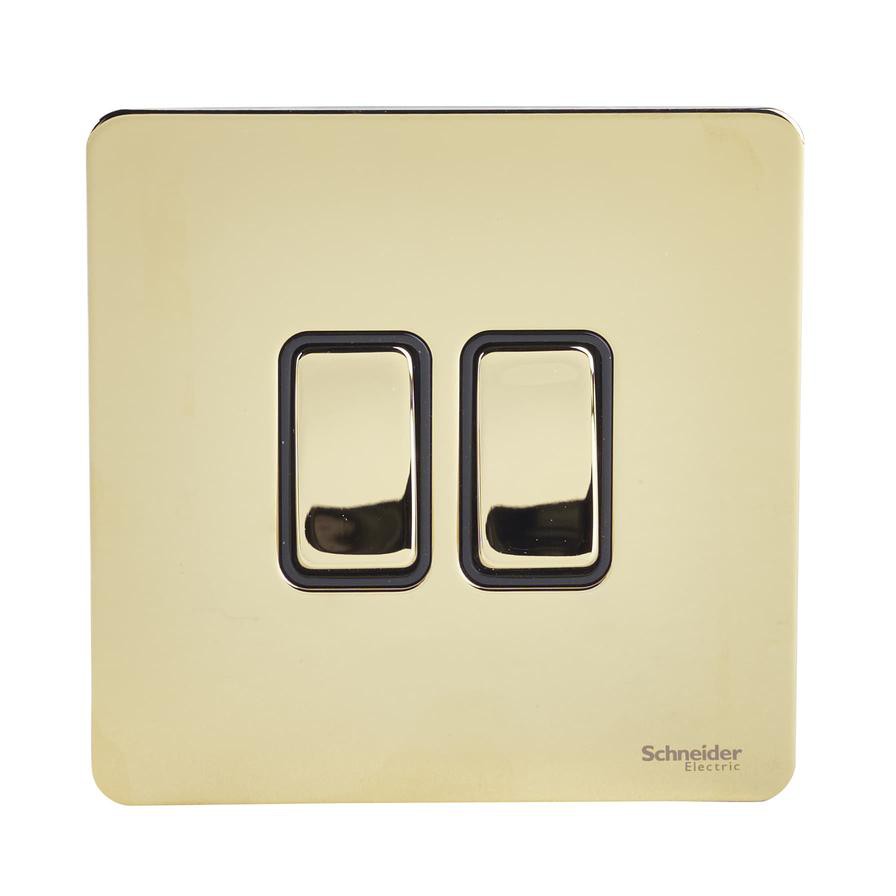 Schneider Electric Ultimate Screwless Flat Plate Brass, 2 Way, 2 Gang Switches, GU1422BPB (16AX, 230 V)