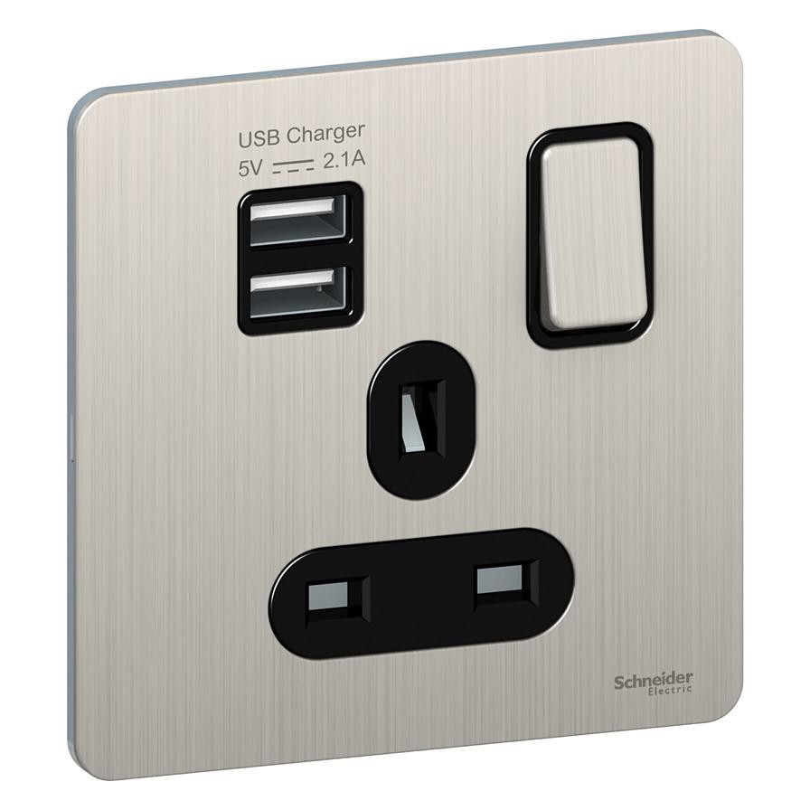 Schneider Electric Ultimate Screwless Flat Plate 1 Switched + 2 USB Sockets, GGBGU34102USBABSSG