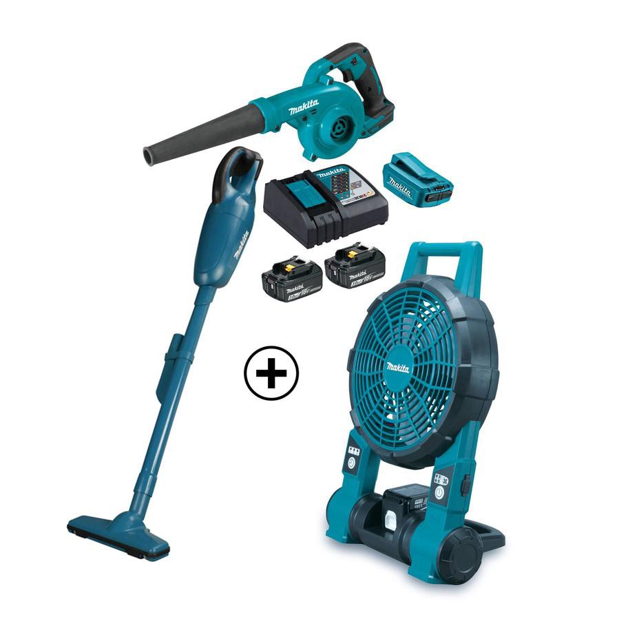 Makita Air Blower, DUB185Z  +  Vacuum Cleaner, DCL180RF + Cordless Fan, BCF201Z + BL1830 Battery Set