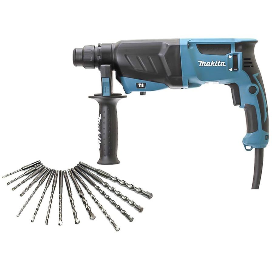 Makita Rotary Corded Hammer Drill, HR2630 + Drill Bit Set (800 W, 13 Pc.)