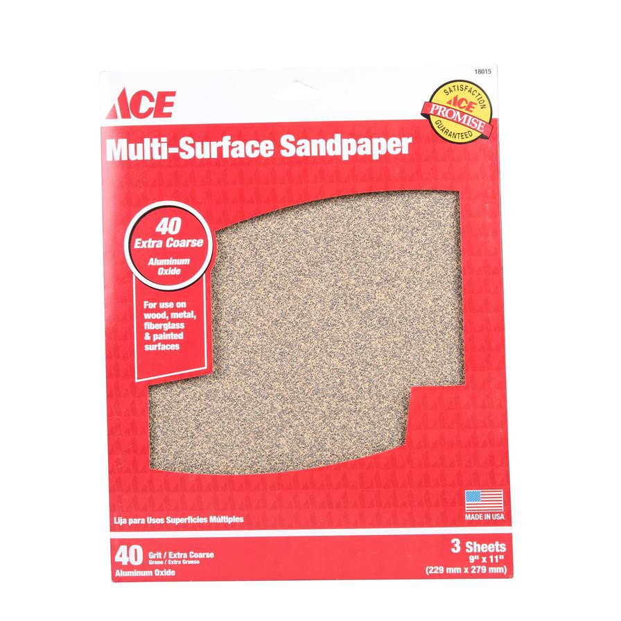 ACE Multi-Surface Sandpaper (40 Grit/Extra Coarse, 229 x 279 mm, Pack of 3)