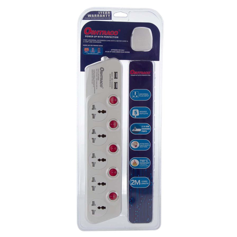 Oshtraco 5-Way Extension Cord W/ 4 USB Ports (2 m)