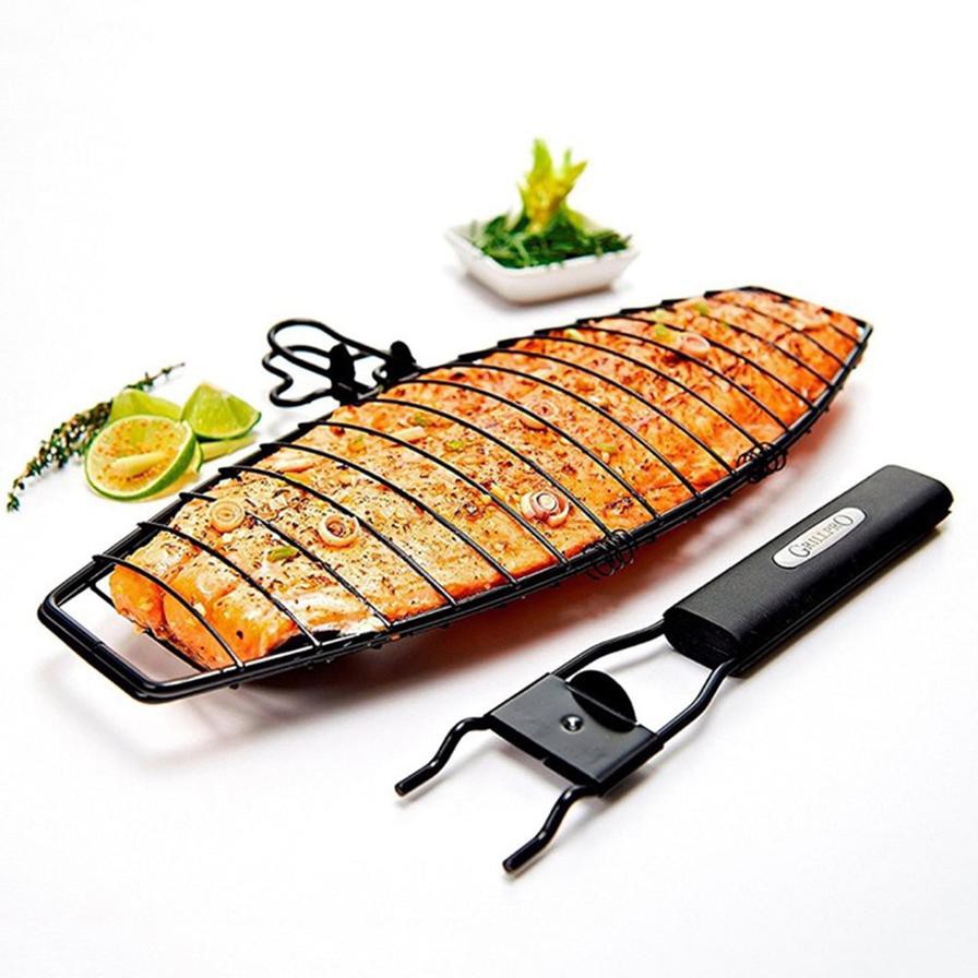 Grillpro Non-Stick Fish Basket with Removable Handle (25 x 41 x 6 cm, Black)