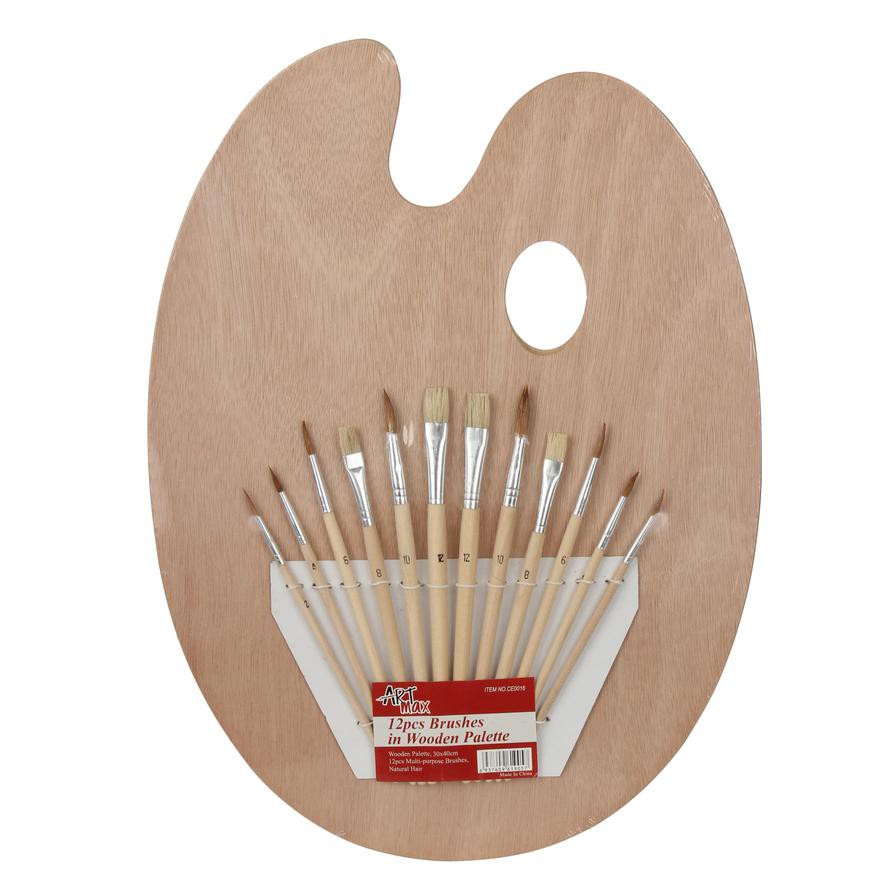 Art Max Wooden Palette W/Paint Brush Set (30 x 40 cm, 13 Pc.)