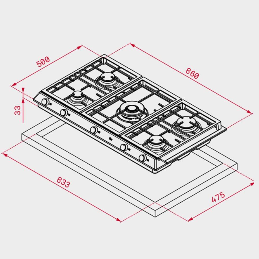 موقد غاز مدمج 5 شعلات تكا، EX 90.1 5G AI AL DR  CI (3.3 × 86 × 50 سم)