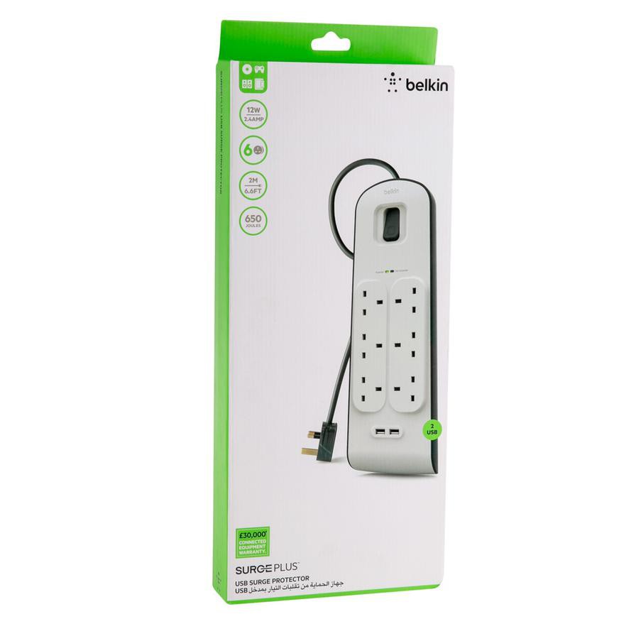 Belkin 6-Outlet Surge Protection Strip with USB & Power Cord (2 m)