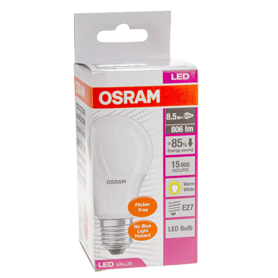 Osram E27 Classic A 60 LED Value Bulb Pack (8.5 W, Warm White)