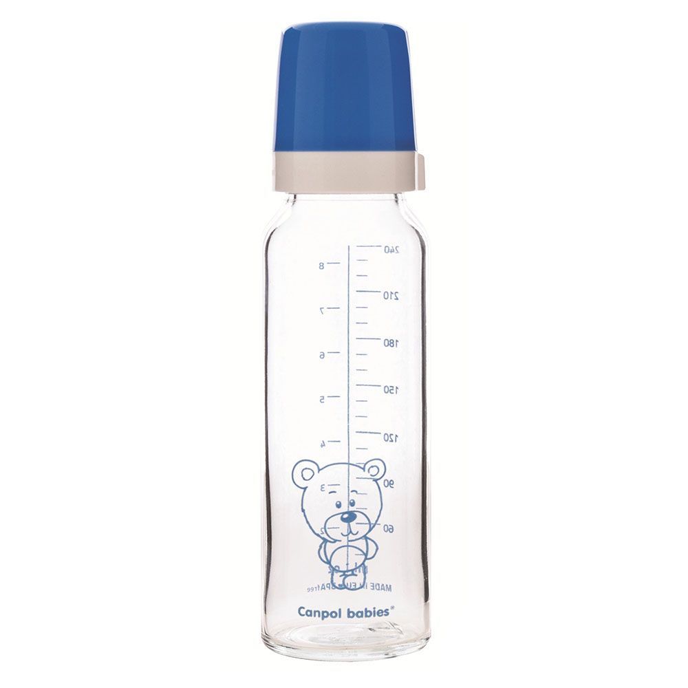 Canpol Babies Teddy Friend Baby Glass Feeding Bottle Blue 240 mL