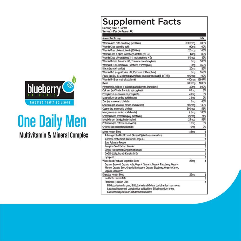 أقراص Blueberry Naturals One Daily Men 60's B3990 ، تاريخ انتهاء الصلاحية: أغسطس -2022