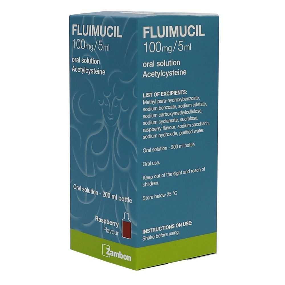 Fluimucil 100 mg/5 ml Oral Solution Raspberry Flavor 200 mL