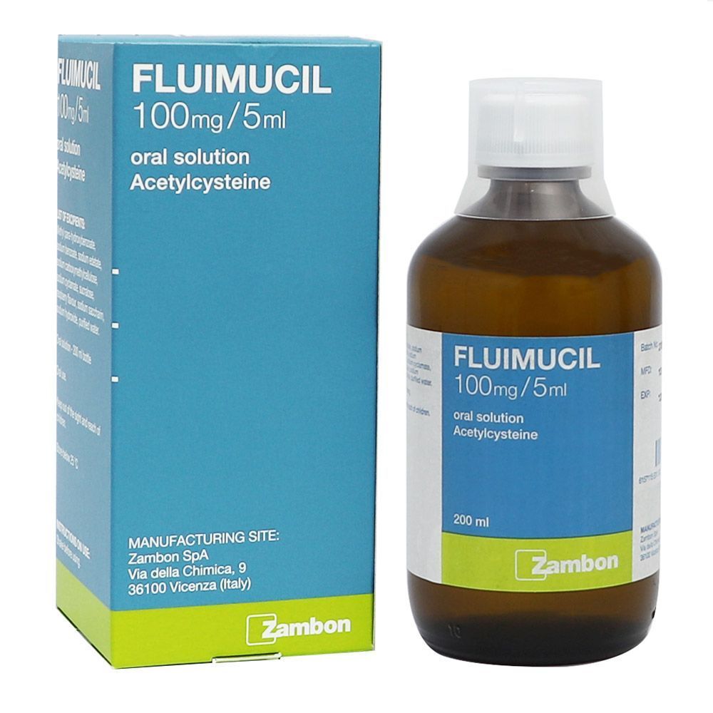 Fluimucil 100 mg/5 ml Oral Solution Raspberry Flavor 200 mL