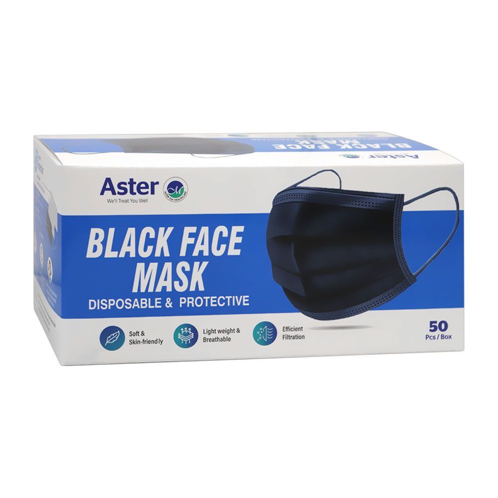 Aster Disposable &amp; Protective Face Mask 3Ply Black 50&#039;s