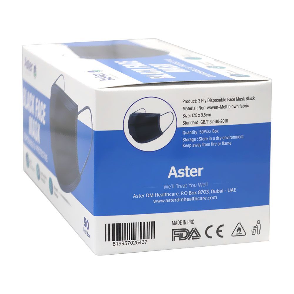 Aster Disposable &amp; Protective Face Mask 3Ply Black 50&#039;s