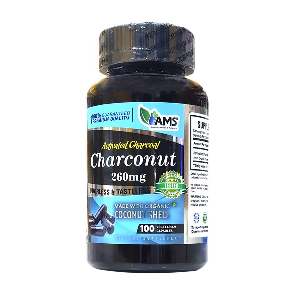 AMS Charconut Activated Charcoal Capsules 260 mg 100&#039;s