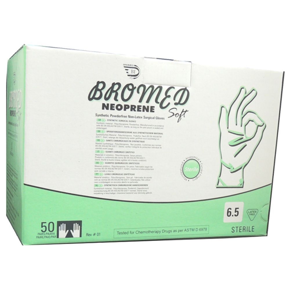 Bromed Neoprene Synthetic Powder Free Non Latex Surgical Gloves 6.5 50&#039;s