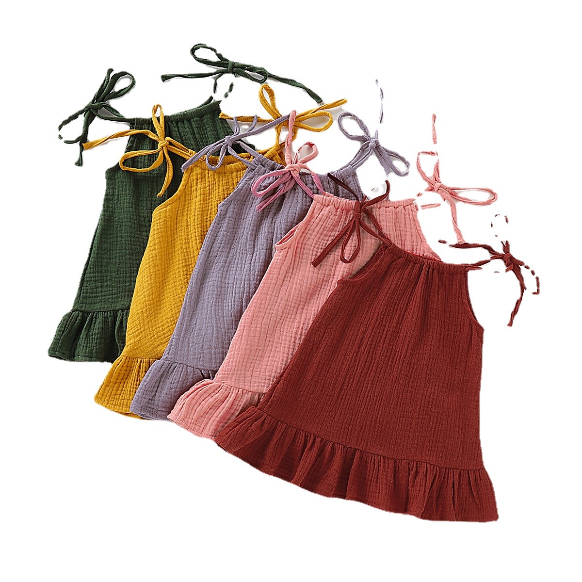 Baby Girls Summer Sleeveless Ruffles Dress Cotton Linen Fabric Kids Sheer Clothes