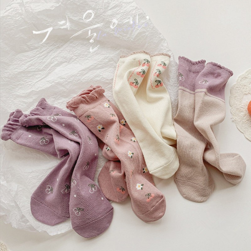 Spring 2022 New Korean Style Deer Junmi Baby Girls Cotton Pantyhose Set Cute Breathable Floral Baby Socks 4 Pairs/Sets