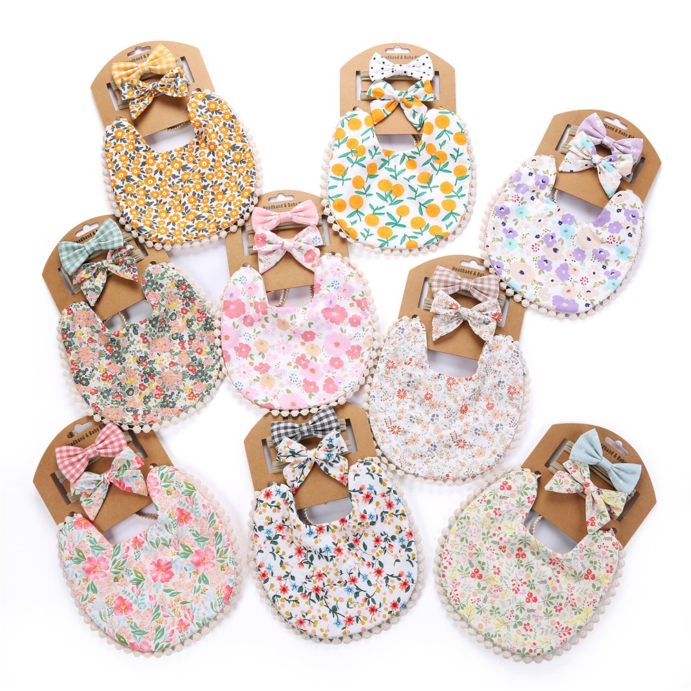 3pcs Children New Baby Plaid Printed Linen Baby Cotton Baby Double-sided Bib Bib Baby Saliva Towel Headband Set