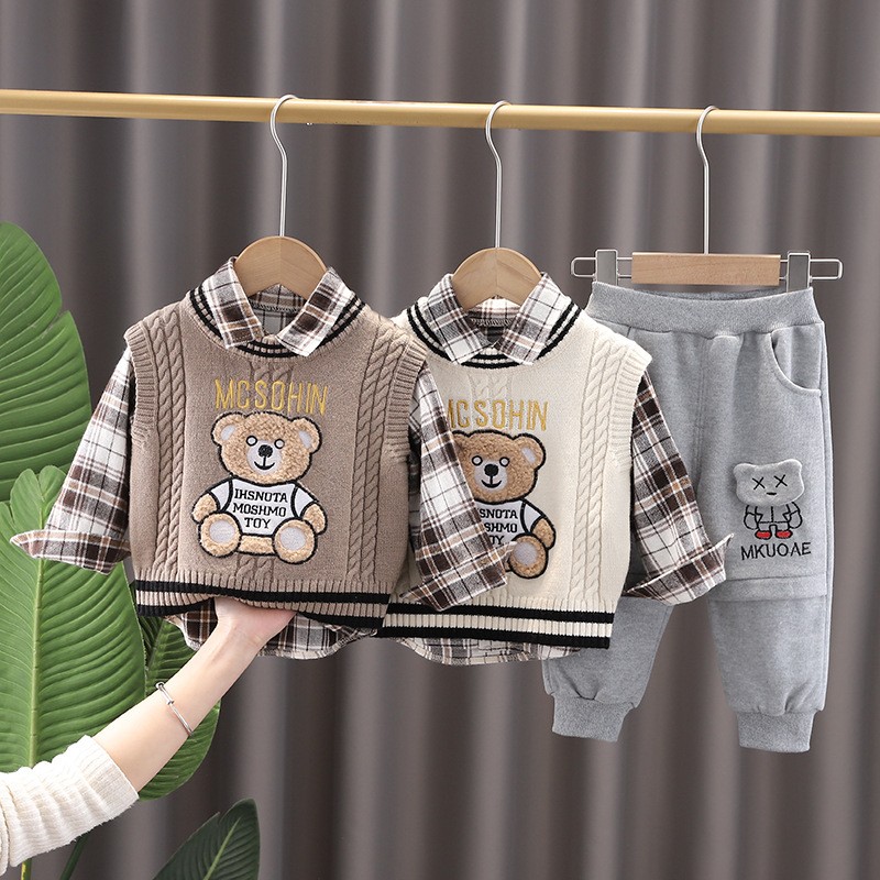 OLEKID 2022 New Spring Autumn 3pcs Boys Clothes Set Cartoon Bear Sweater Sweater Long Sleeve Shirts Cotton Pants Baby Boys Clothes