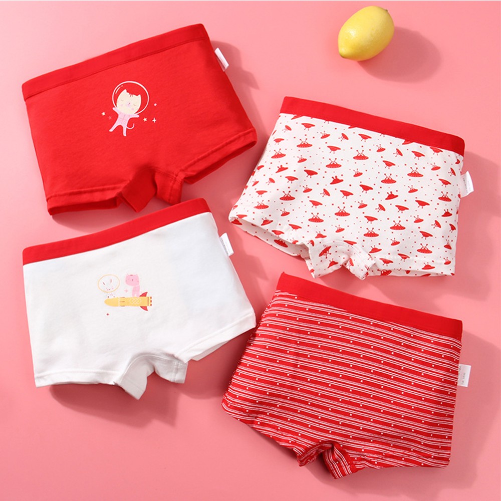 Girls Panties Kids Underwear Cotton Children Briefs Trellis Stripes Cute Cartoon Short Red 4pcs/lot