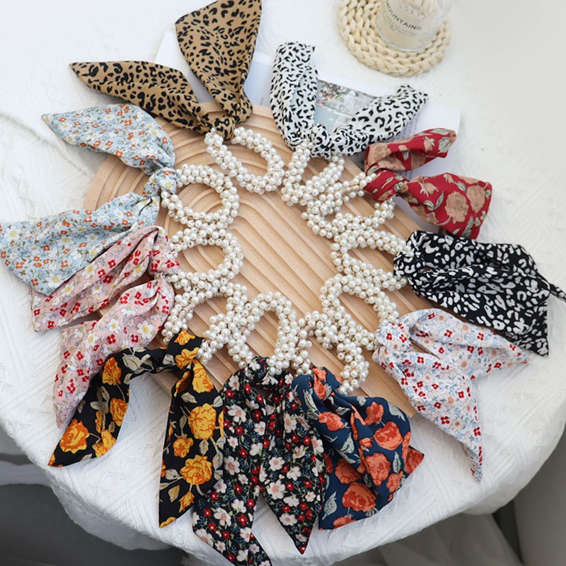 Fashion Women Pearl Hair Band Bandana Ropes Girl Bows Ponytail Scarf Ribbon Elastic Hair Accessories Scrunchie