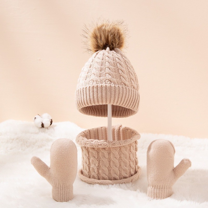 New Winter Hat Scarf Gloves Set For Kids 0-3 Years Boys Girls Children Cotton Warm Pom Poms Hat Sets Solid Color Cute Hat Scarf