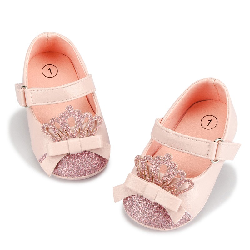 Baby Girls Shoes Pink Bling Crown Princess Shoes Anti-slip Flat Rubber Sole Newborn First Walkers Baby Girls Shoes