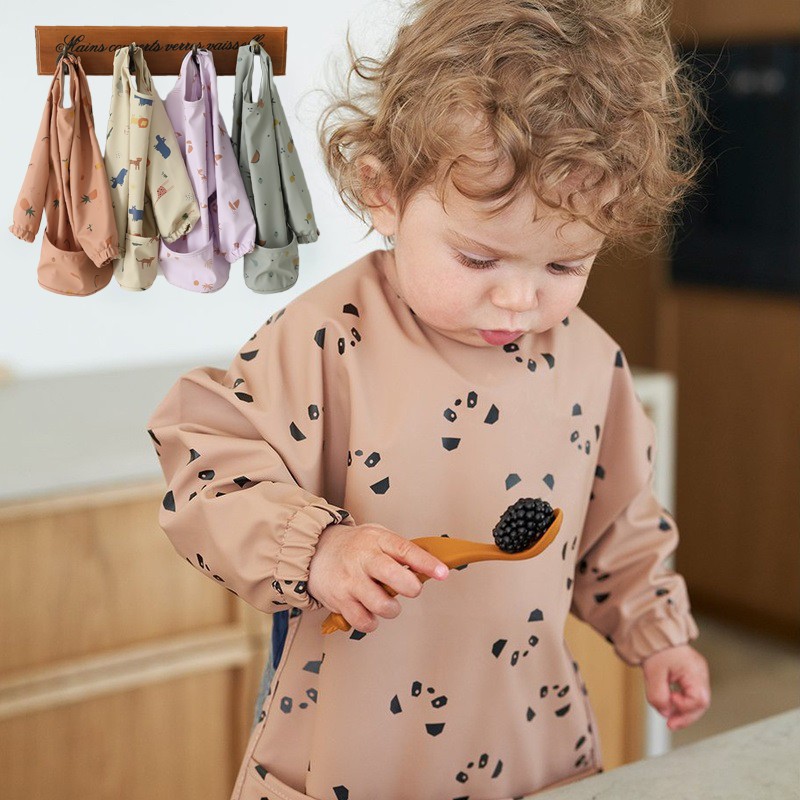 Easy to Wear Long Sleeve Baby Bib Baby Soft PU Bibs Painting Waterproof Meals Protection Washable Easy Clean Smock for Babies