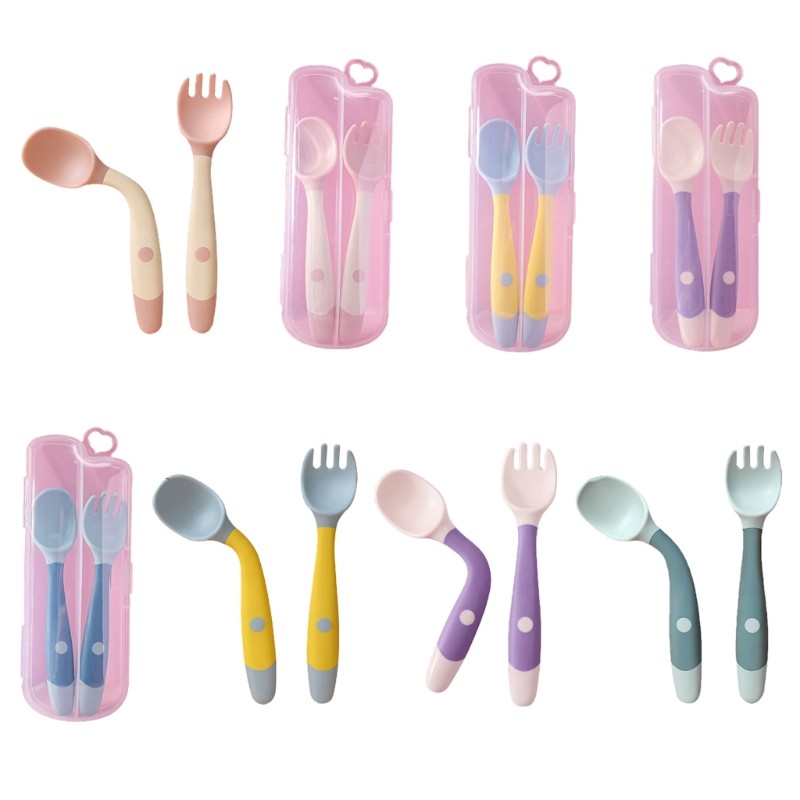 Baby Children Spoon Fork Set Soft Bendable Silicone Scoop Fork Cutlery Set Kid Training Feeding Cutlery Utensils