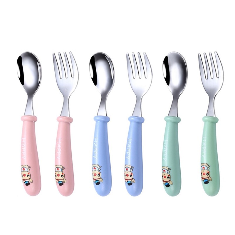 Baby Kids Cartoon Cute Spoon Fork Stainless Steel Tableware Training Learn Food Feeding Scoop Fork Utensils For Baby