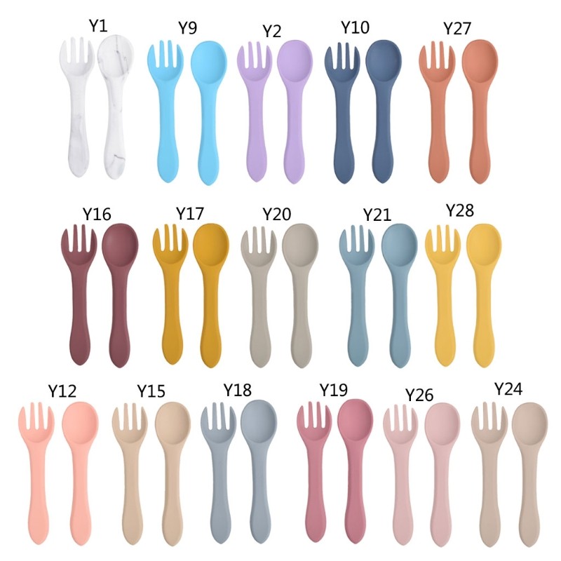 2pcs Baby Soft Silicone Fork Spoon Set Feeding Dishes Toddler Toddlers Infant Feeding Accessories Silicone Tableware