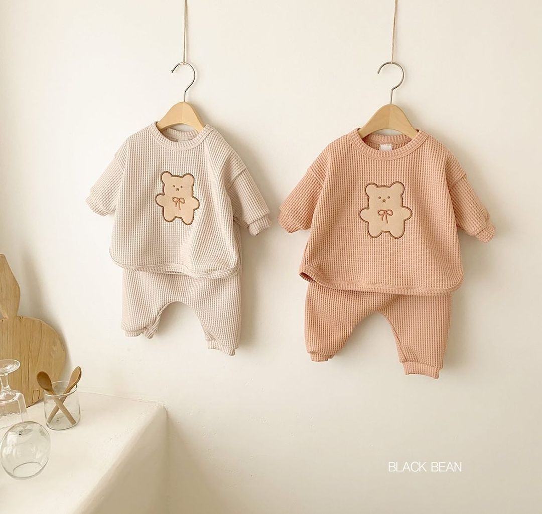 2022 New Children's Casual Clothes Set Boys Girls Bear Sweatshirt + Pants 2 Pieces Suit Solid Color Cotton Kids Baby Clothes