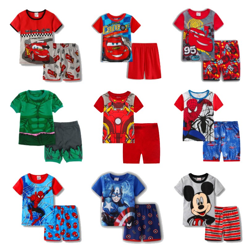 Children's short-sleeved cotton pajamas summer clothes children's sleepwear cartoon T-shirt spiderman