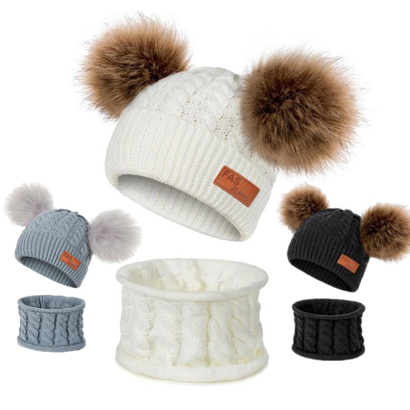 New Newborn Baby Kids Girls Boys Hat Scarf Winter Warm Knit Hat Furry Balls Pompom Solid Warm Cute Lovely Beanie Hat Gift Set