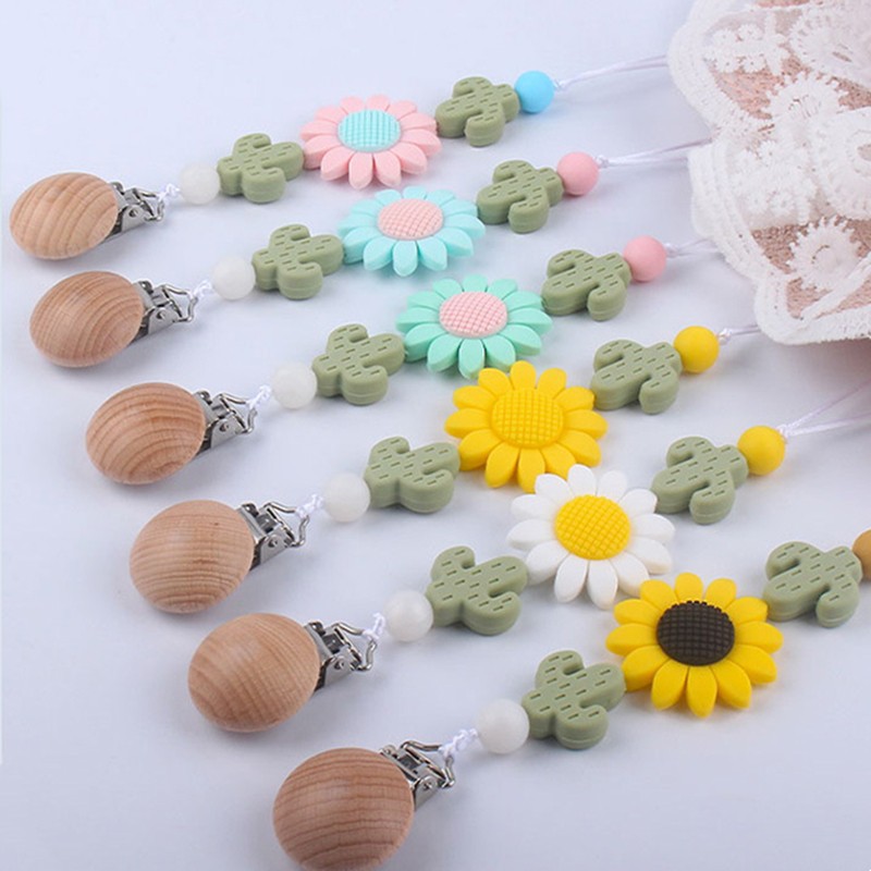 Baby Toddler Baby Doll Pacifier Silicone Cactus Sunflower Soother Nipple Clip Chain Strap Holder Chew Teether Toy Teething