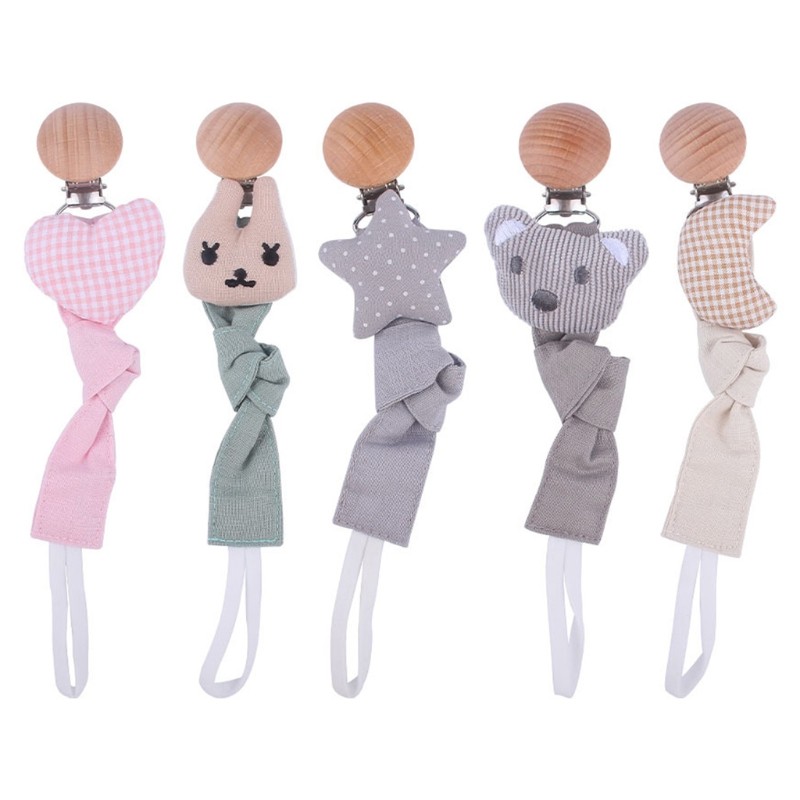 Baby Teether Buckle Beech Wood Cotton Linen Pacifier Chain Dummy Nipple Soother Holder Leash Belt for Newborn Babies