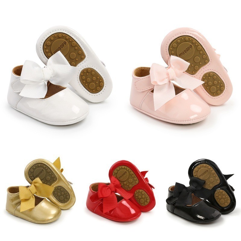 Newborn Baby Shoes Baby Boy Girl Shoes Girl Classic Bowknot Rubber Sole Anti-slip PU Leather Dress Shoes First Walker Toddler Crib Shoes