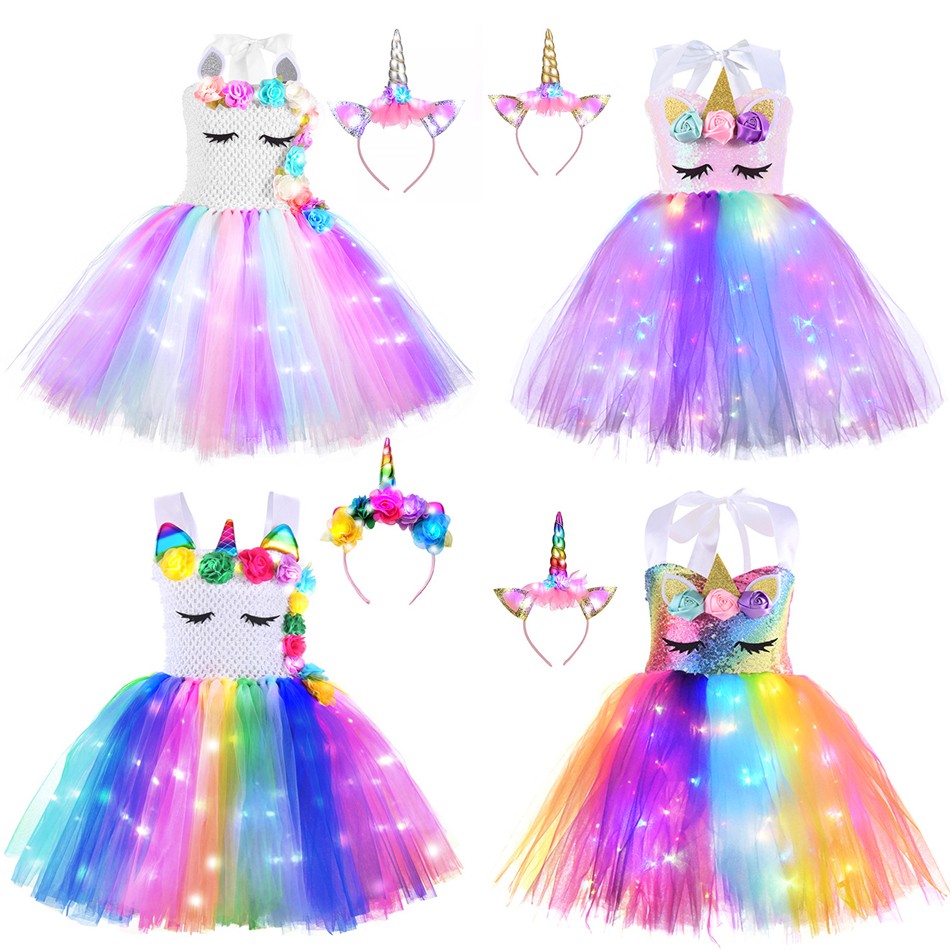 Girl Unicorn Dresses for Girls Tutu Princess Party Dresses with LED Lights Flower Birthday Party Cosplay Costume Girls Clothing