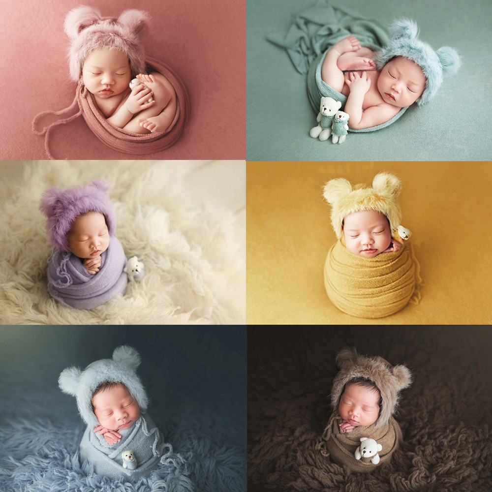 3pcs/set Newborn Infant Photography Wraps Knitted Baby Boys Girls Photo Props Faux Fur Hat Sturdy Stretch Blanket Bear Doll