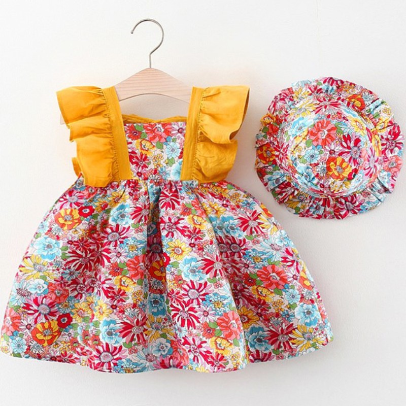 Summer Toddler Infant Girl Clothes Set Baby BeBe Beach Dresses Cute Bow Plaid Sleeveless Cotton Newborn Princess Dress+Sunhat