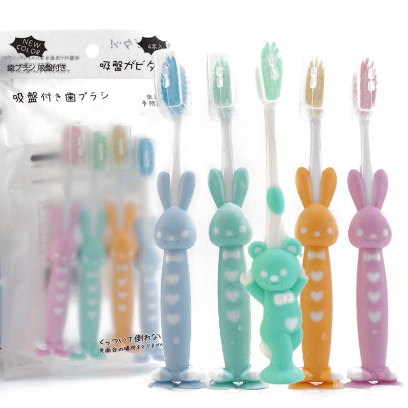 4pcs/set Baby Cartoon Silicone Toothbrush Cute Rabbit/Bear Shape Soft Fur Brush With Suction Seat Dental Health Tooth Brushes