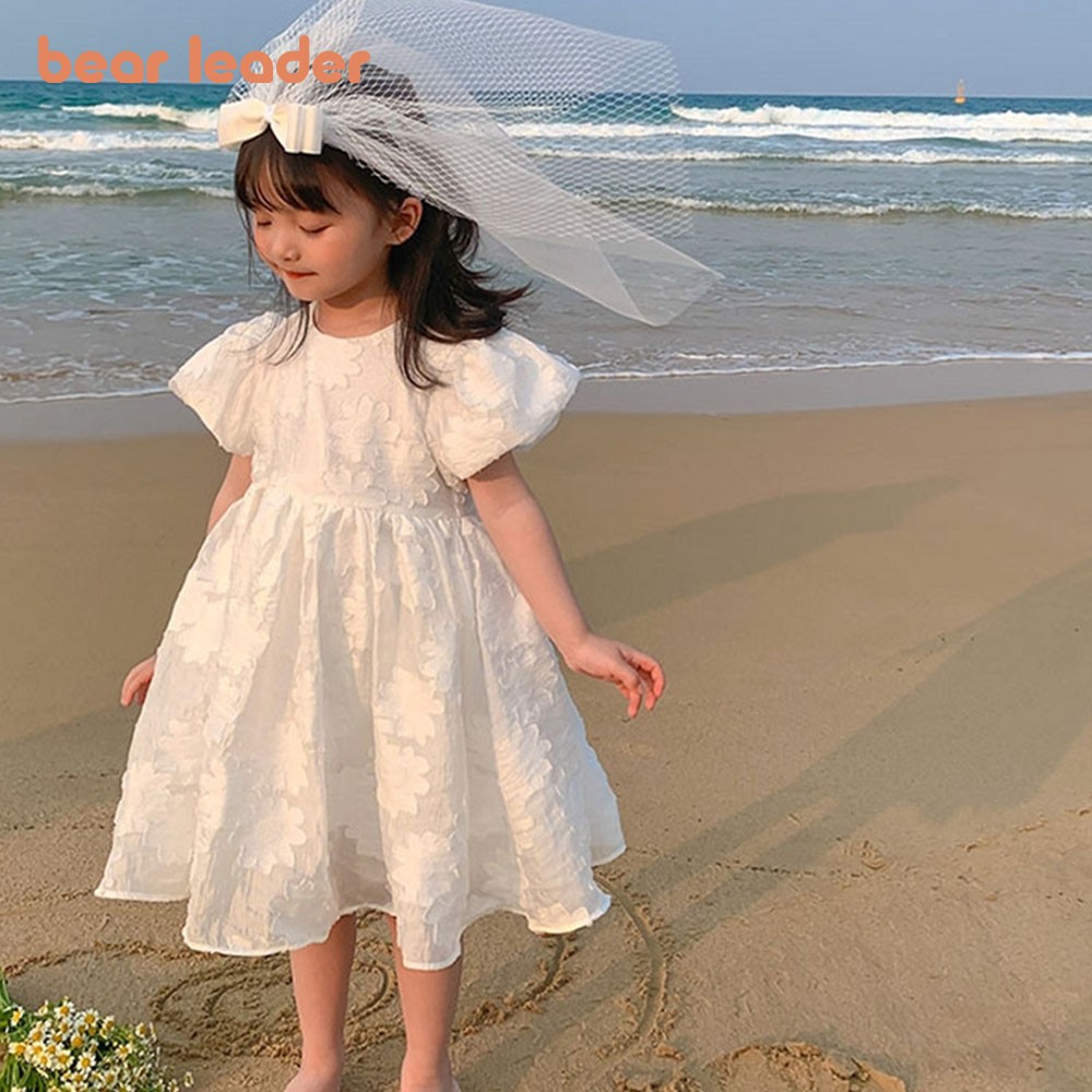 Bear Leader Girl White Tutu Dress Gown Birthday Party Dresses Kids Princess Dress Children Casual Puff Sleeve Flowers Clothes