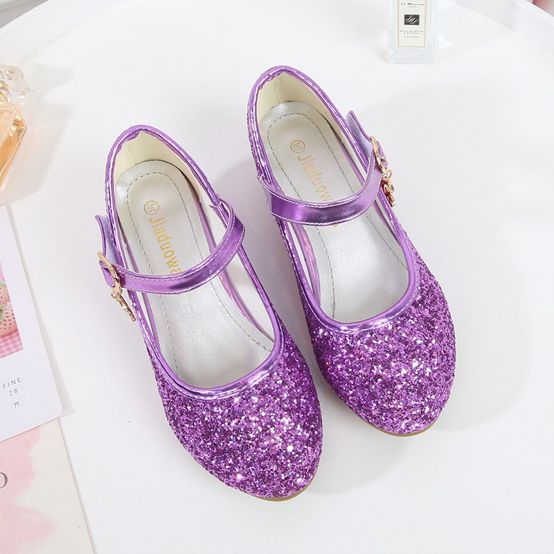 ULKNN Girls Purple High Heels Kids Princess Red Leather Shoes Children Party Wedding Shoes Round Toe 1-3cm