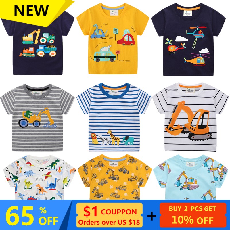 Boys Summer Clothes Children T-shirt Dinosaur Printing Kids Striped Embroidery Tops Boy Cotton T-Shirts Baby Cartoon Tee Clothes